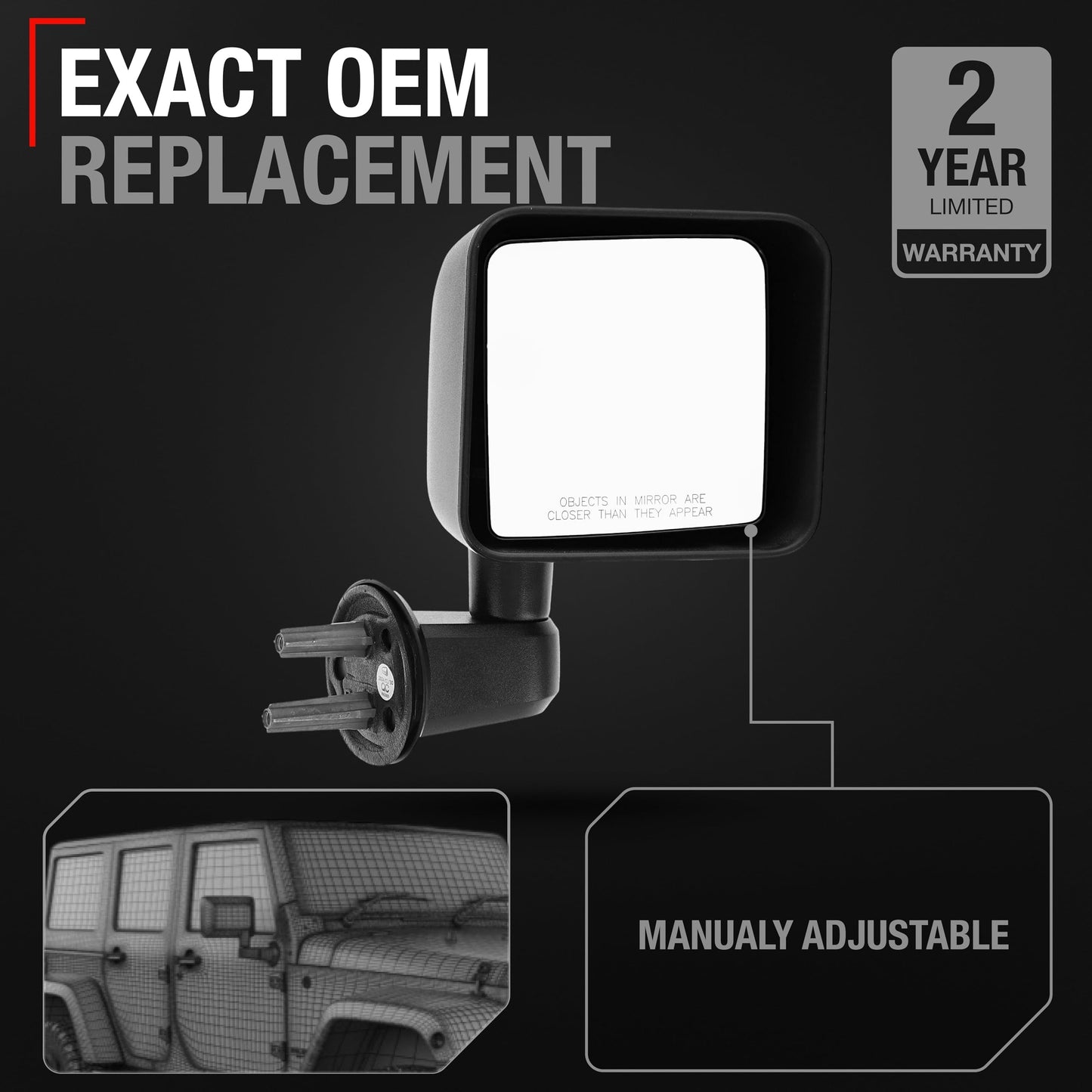 2007-2013 Jeep Wrangler Passenger Side Mirror - Manual Folding Convex Glass with English Warning Textured Black Cover - Passenger Side Mirror