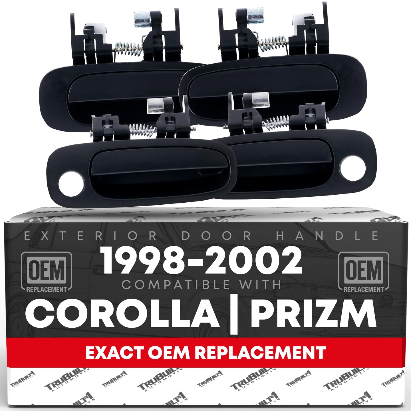 Exterior Front or Rear Driver and Passenger Door Handle 4-Piece Set - Compatible with 1998-2002 Toyota Corolla - Textured Black - OEM 69220-02030, 69210-02030, 69240-02030, 69230-0203 - Exterior Door - 4-Set