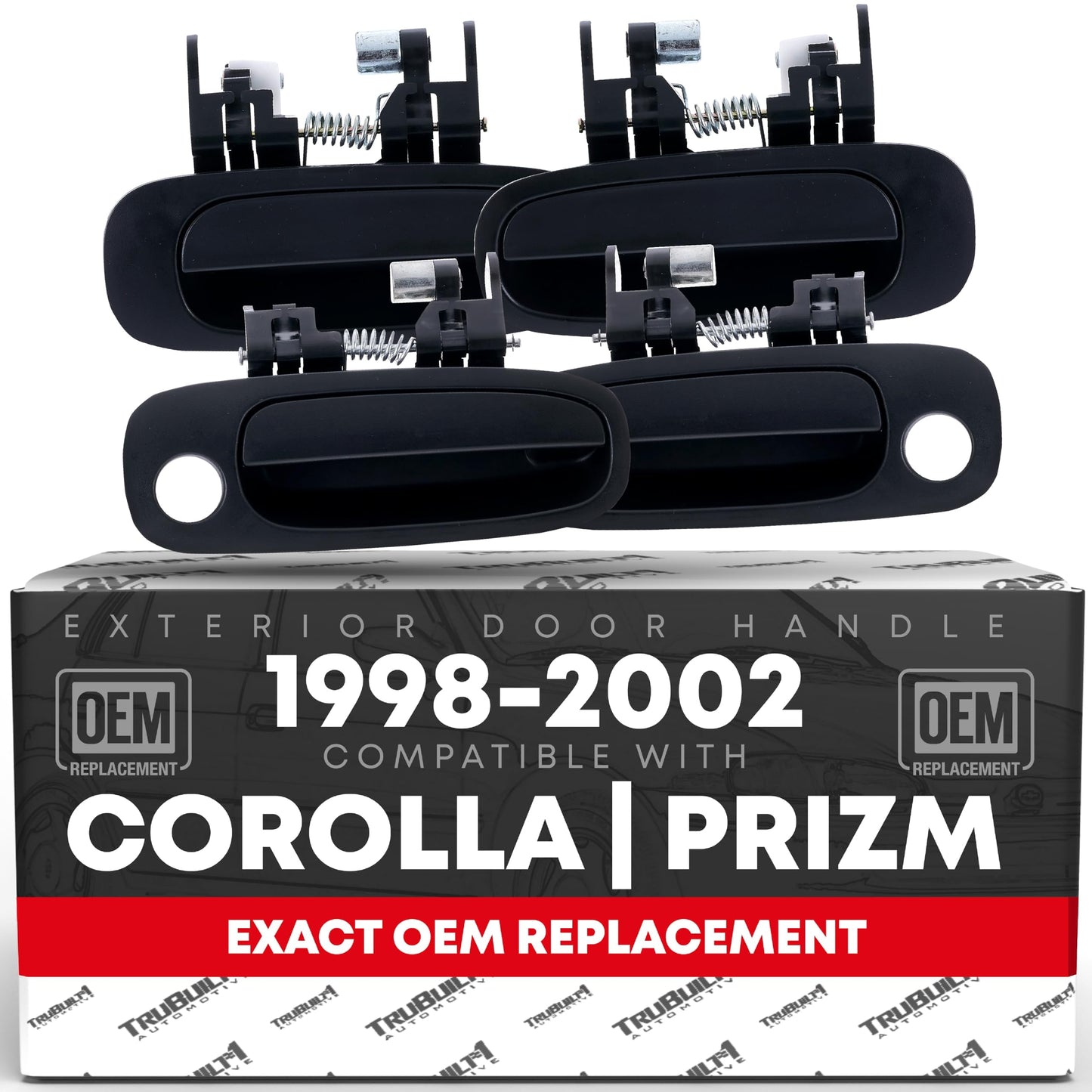 Exterior Front or Rear Driver and Passenger Door Handle 4-Piece Set - Compatible with 1998-2002 Toyota Corolla - Textured Black - OEM 69220-02030, 69210-02030, 69240-02030, 69230-0203 - Exterior Door - 4-Set