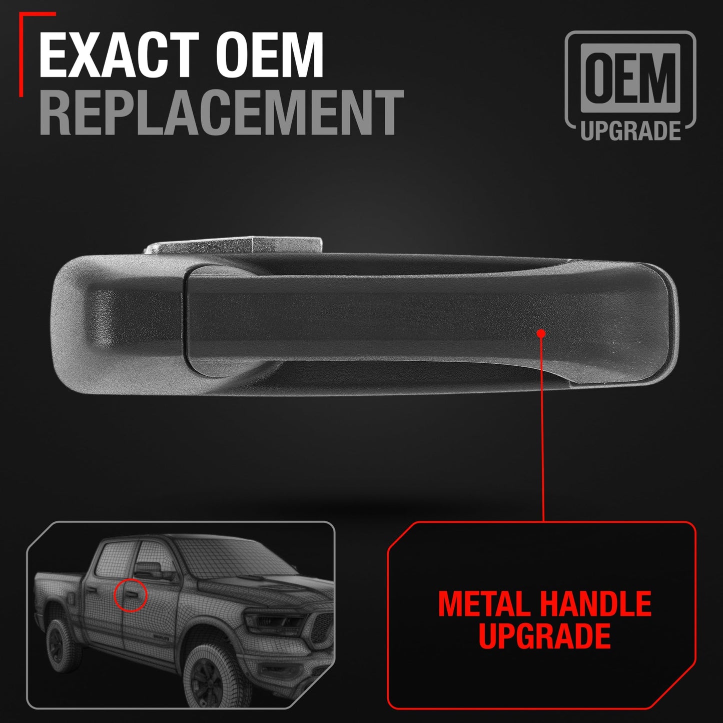 Dodge Ram Passenger Front Door Handle - Upgraded Metal, Textured Black, No Keyhole Variant for 1500 to 5500 - Front Passenger Side Handle