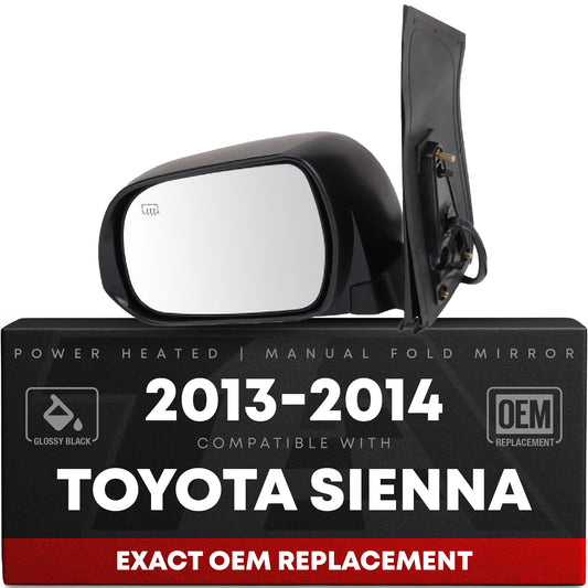 Driver Side Heated Power Side View Mirror - Compatible with 2013-2014 Toyota Sienna - Power Heated, Manual Folding - Paintable Textured Black Housing - OEM 8794008094C0
