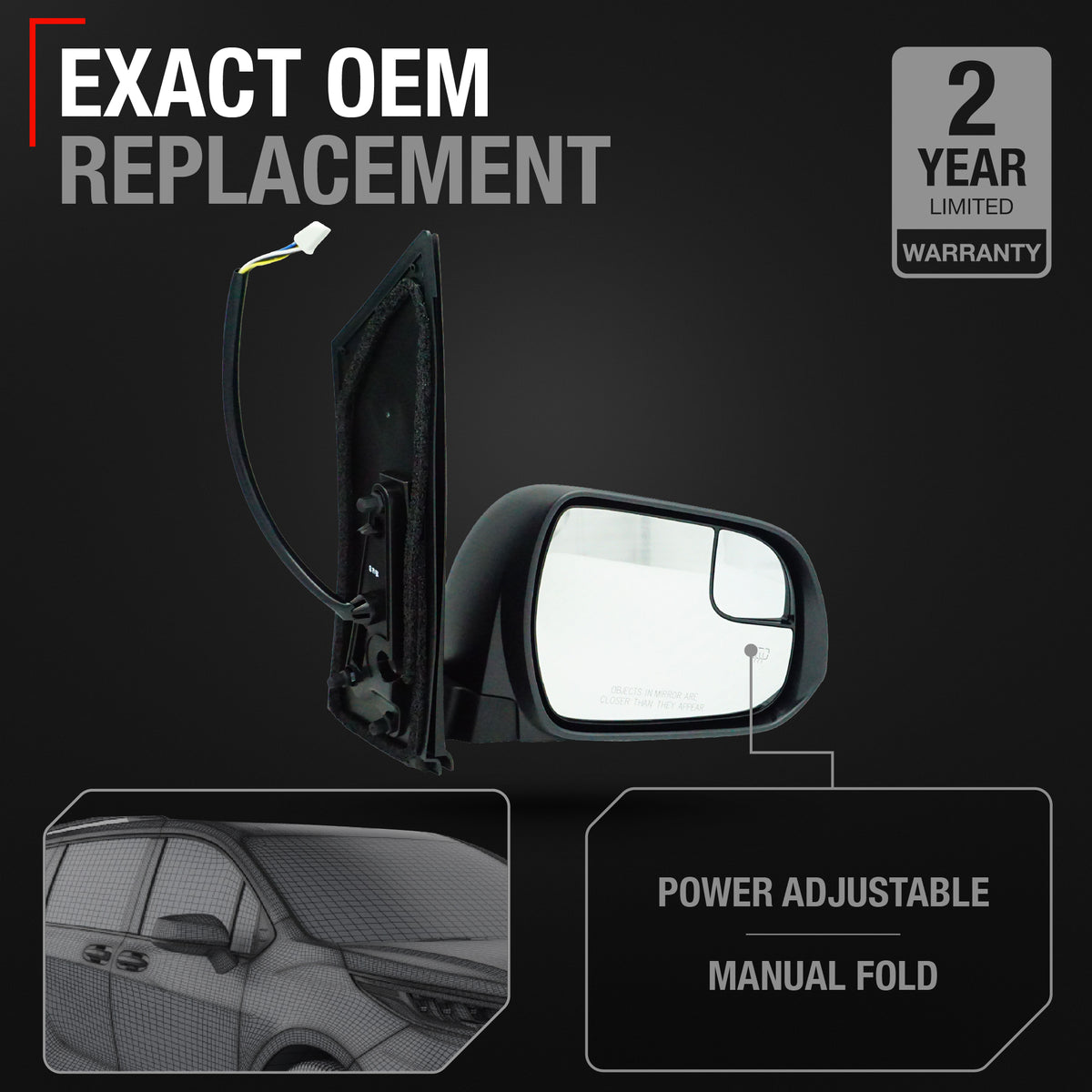 Passenger Side Heated Side View Mirror with Blind Spot Detection - Compatible with 2015-2020 Toyota Sienna - Power Heated, Blind Spot Detection, Manual Folding - OEM 8791008150 - Passenger Side Mirror
