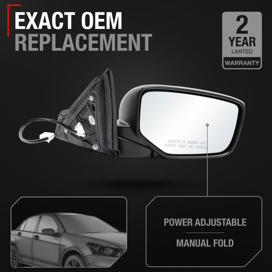 Honda Accord 4D Passenger Side Mirror - Manual Fold, Convex Glass, Smooth Black, Direct Fit Replacement - Passenger Side Mirror