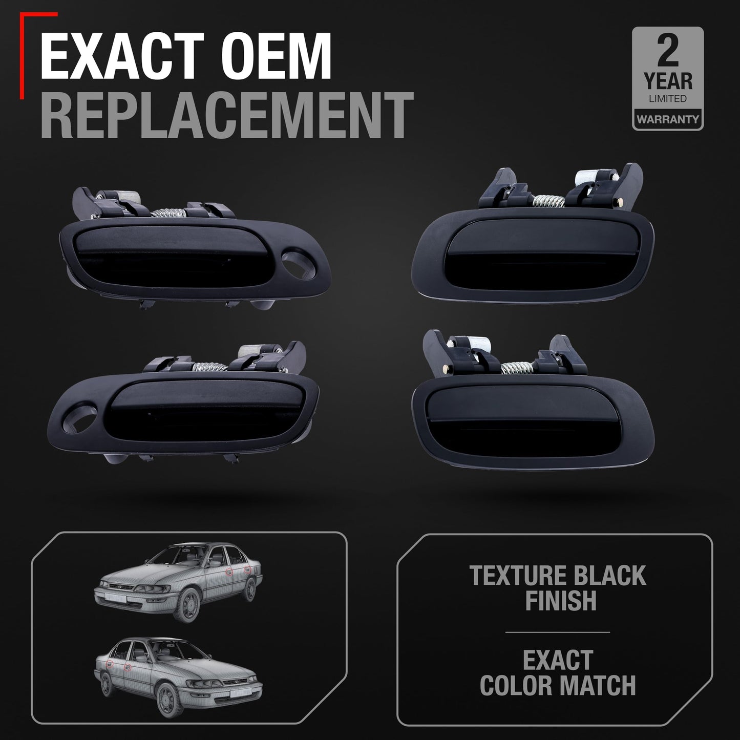 Exterior Front or Rear Driver and Passenger Door Handle 4-Piece Set - Compatible with 1998-2002 Toyota Corolla - Textured Black - OEM 69220-02030, 69210-02030, 69240-02030, 69230-0203 - Exterior Door - 4-Set