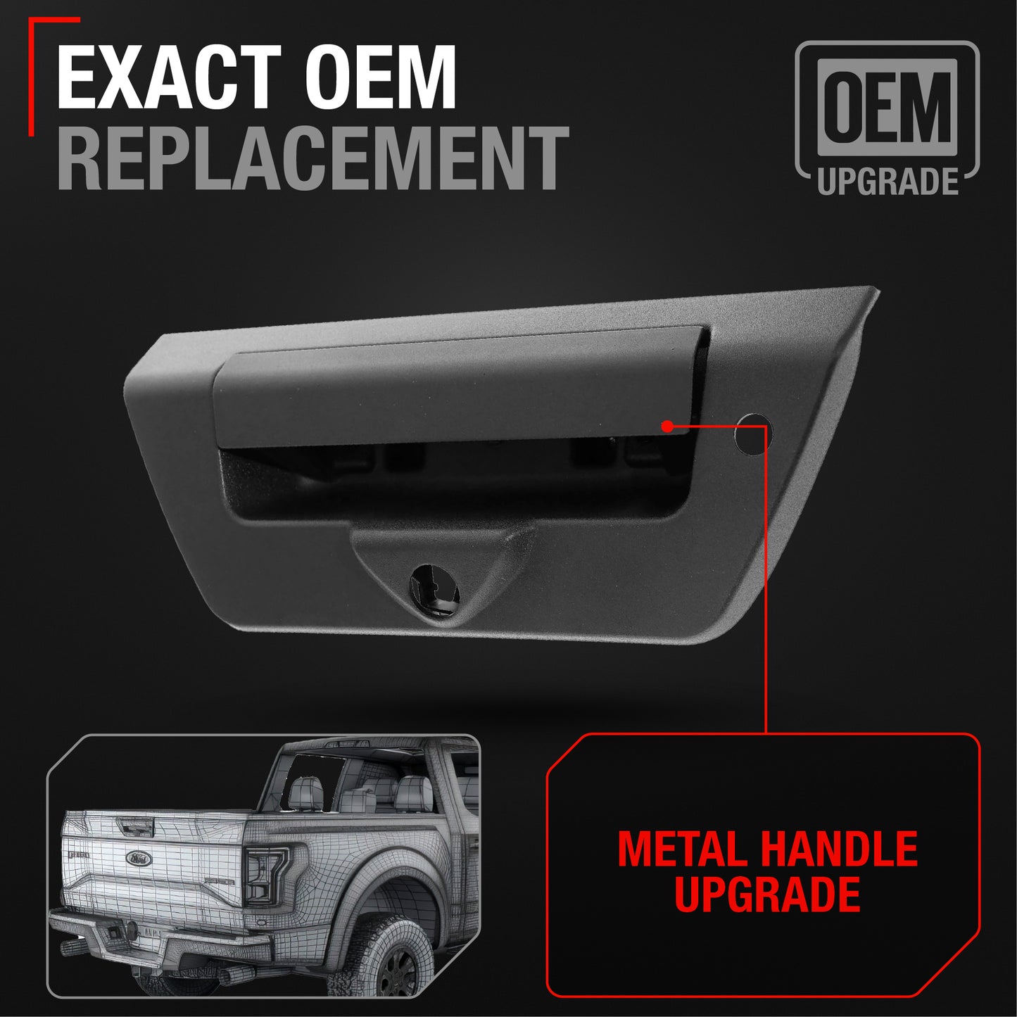 Tailgate Handle Latch Replacement, Upgraded Metal - Compatible with 2018 (New Body) - 2024 Ford F-150 - Exterior Tailgate Assembly, Textured Black w/ Keyhole, Camera Hole - OEM JL3Z-9943400-EB - Texture Tailgate Handle