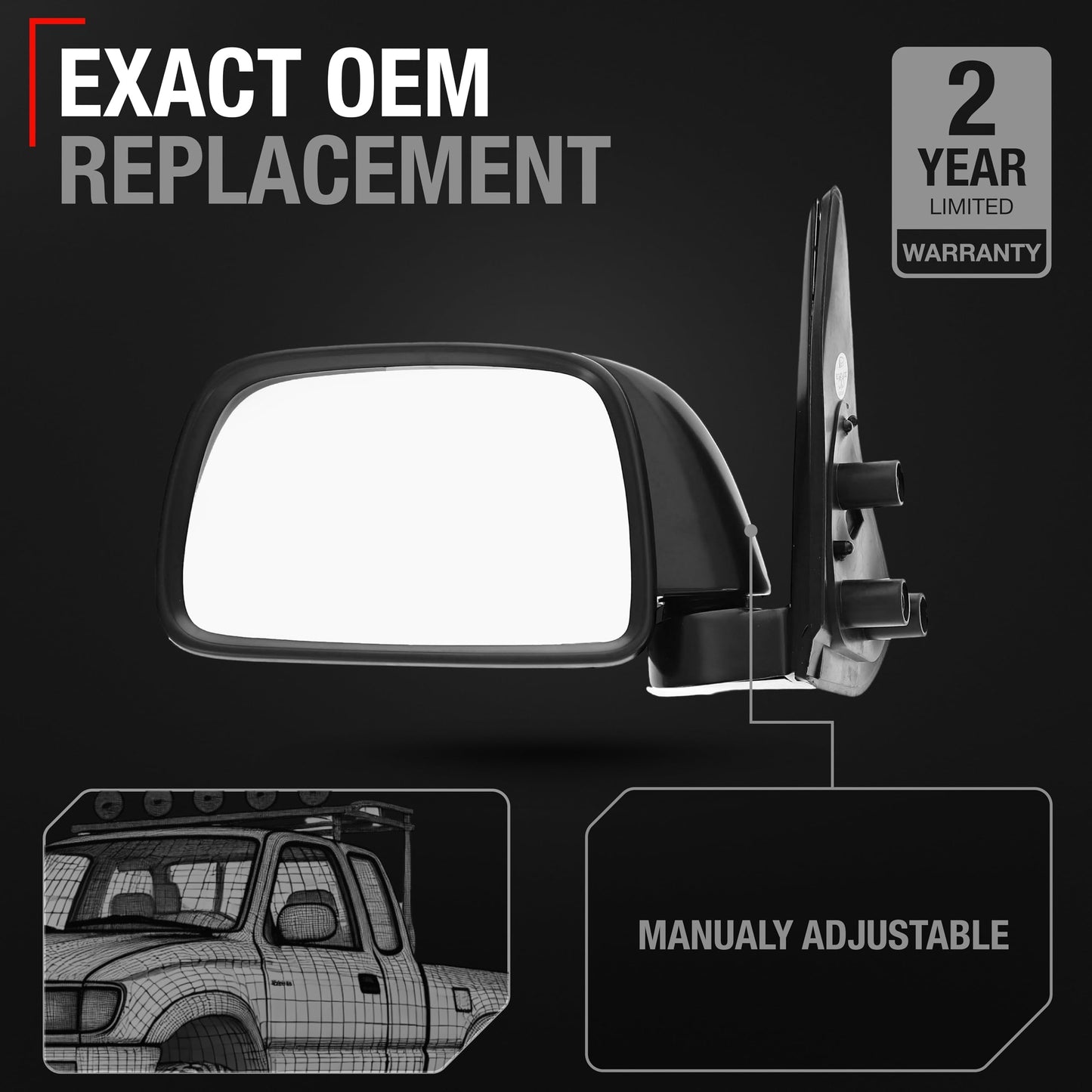 1995-1999 Toyota Tacoma Driver Side Mirror Replacement - Manual Adjustment Manual Folding Flat Glass Textured Black Cover - Driver Side Mirror