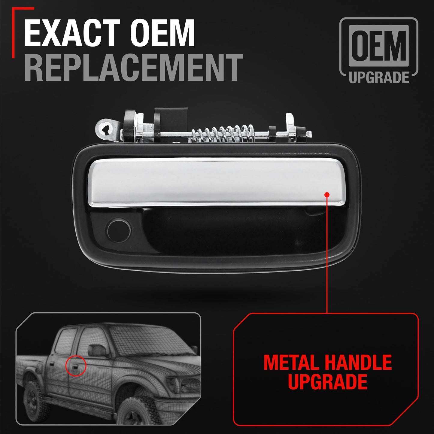 Exterior Front Passenger Door Handle Replacement, Upgraded Metal & Plastic Housing - Compatible with 1995-2004 Toyota Tacoma - Chrome Handle, Black Housing w/Keyhole - OEM 69210-35030 - Front Passenger Side Handle