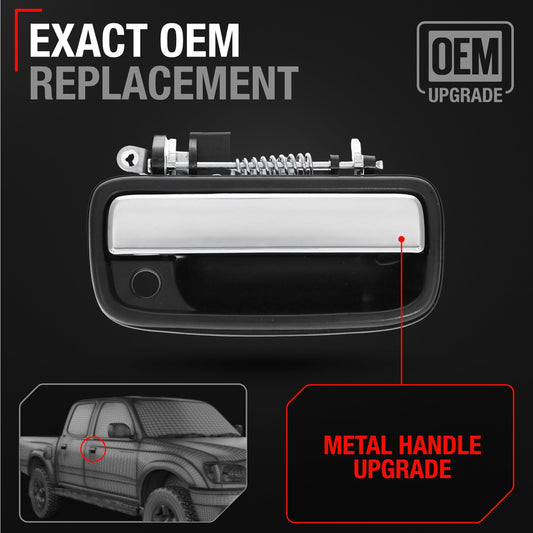 Exterior Front Passenger Door Handle Replacement, Upgraded Metal & Plastic Housing - Compatible with 1995-2004 Toyota Tacoma - Chrome Handle, Black Housing w/Keyhole - OEM 69210-35030 - Front Passenger Side Handle