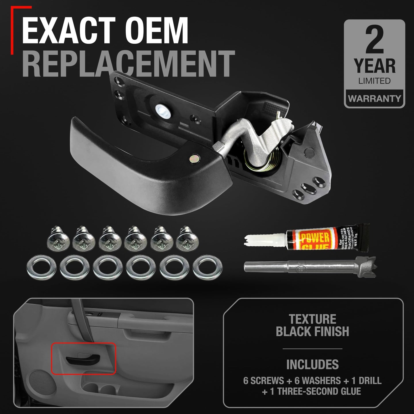 2007-2013 Chevrolet Silverado 1500 2500 3500, Avalanche; 2007-2013 GMC Sierra 1500 2500 3500 Interior Front Driver Door Handle - Textured Black, Plastic - Front/Rear Driver Side Door Handle