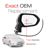 2020-2024 Toyota Corolla Sedan Passenger Side Mirror Replacement - Powered Adjustment Manual Folding Convex Glass Black - Passenger Side Mirror