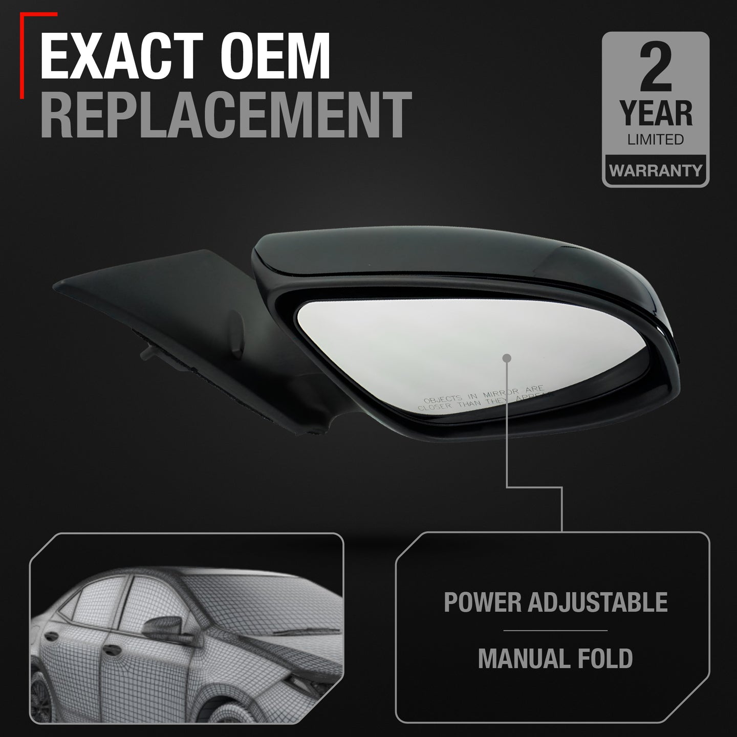 Passenger Side Power Adjustable Side View Mirror - Compatible with 2014-2019 Toyota Corolla - Power Adjust, Non-Heated, Manual Folding - Paintable Textured Black Housing - OEM 8791002F81C0 - Passenger Side Mirror