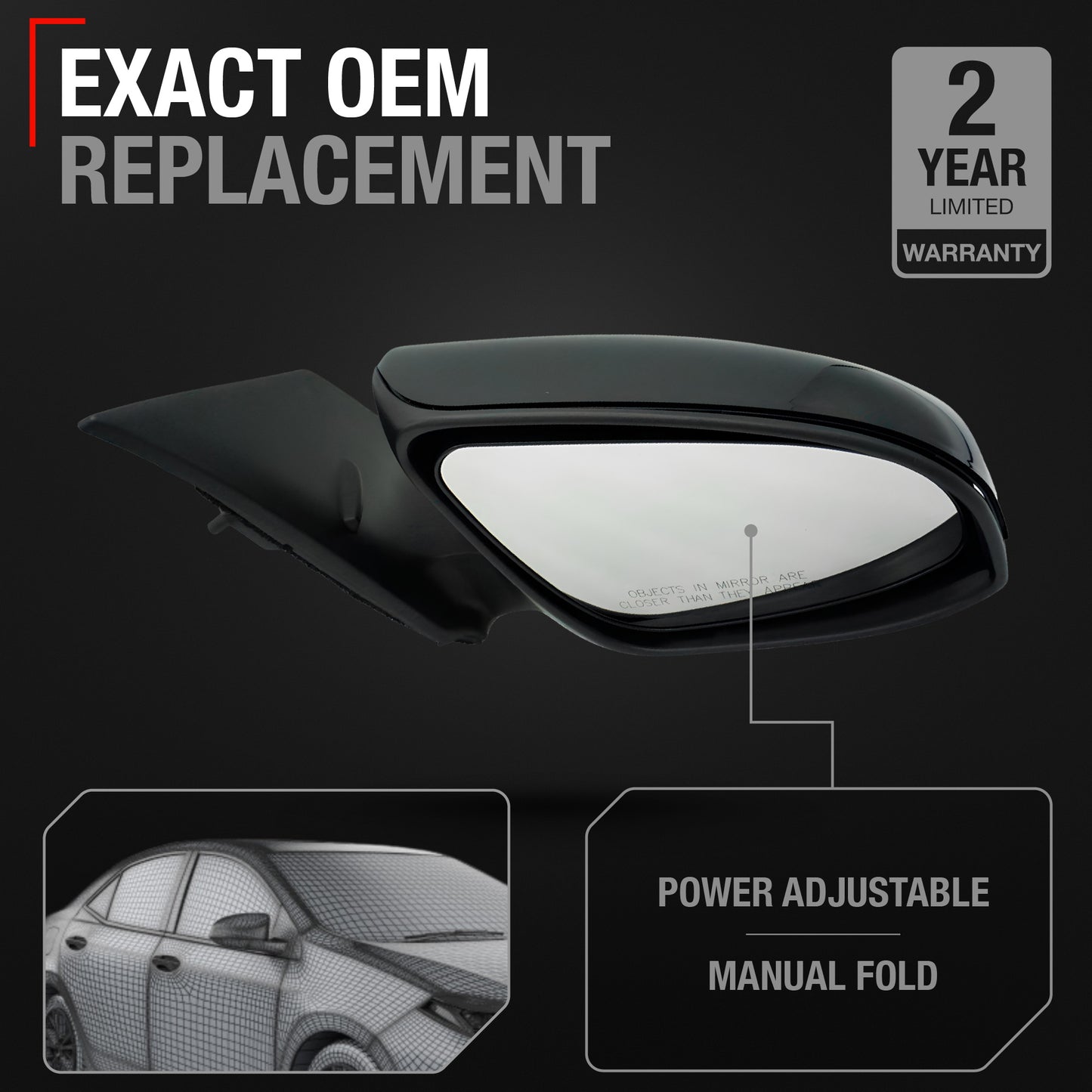 Passenger Side Power Adjustable Side View Mirror - Compatible with 2014-2019 Toyota Corolla - Power Adjust, Non-Heated, Manual Folding - Paintable Textured Black Housing - OEM 8791002F81C0 - Passenger Side Mirror