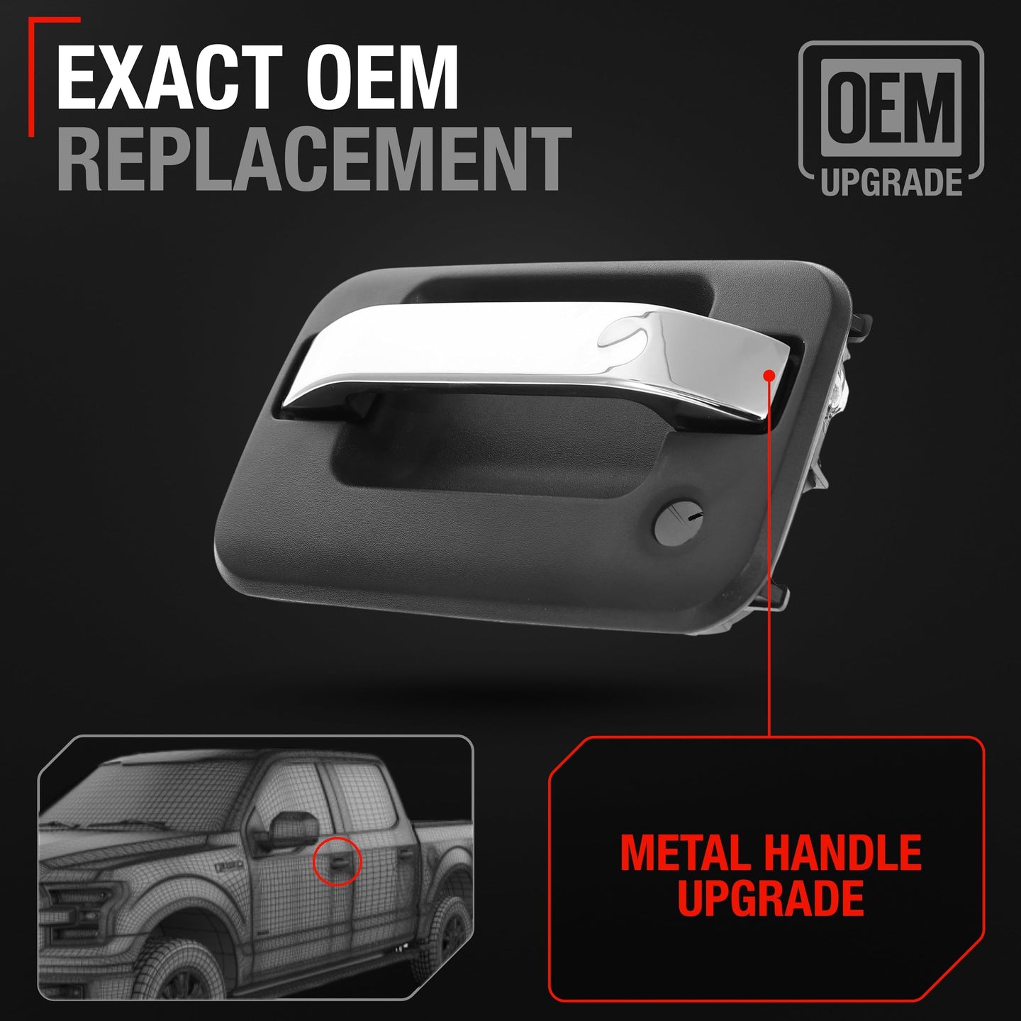 2009-2014 Ford F-150 Lobo Lincoln Mark LT Exterior Front Driver Door Handle, Upgraded Metal - Chrome and Black with Keyhole - Front Driver Side Handle