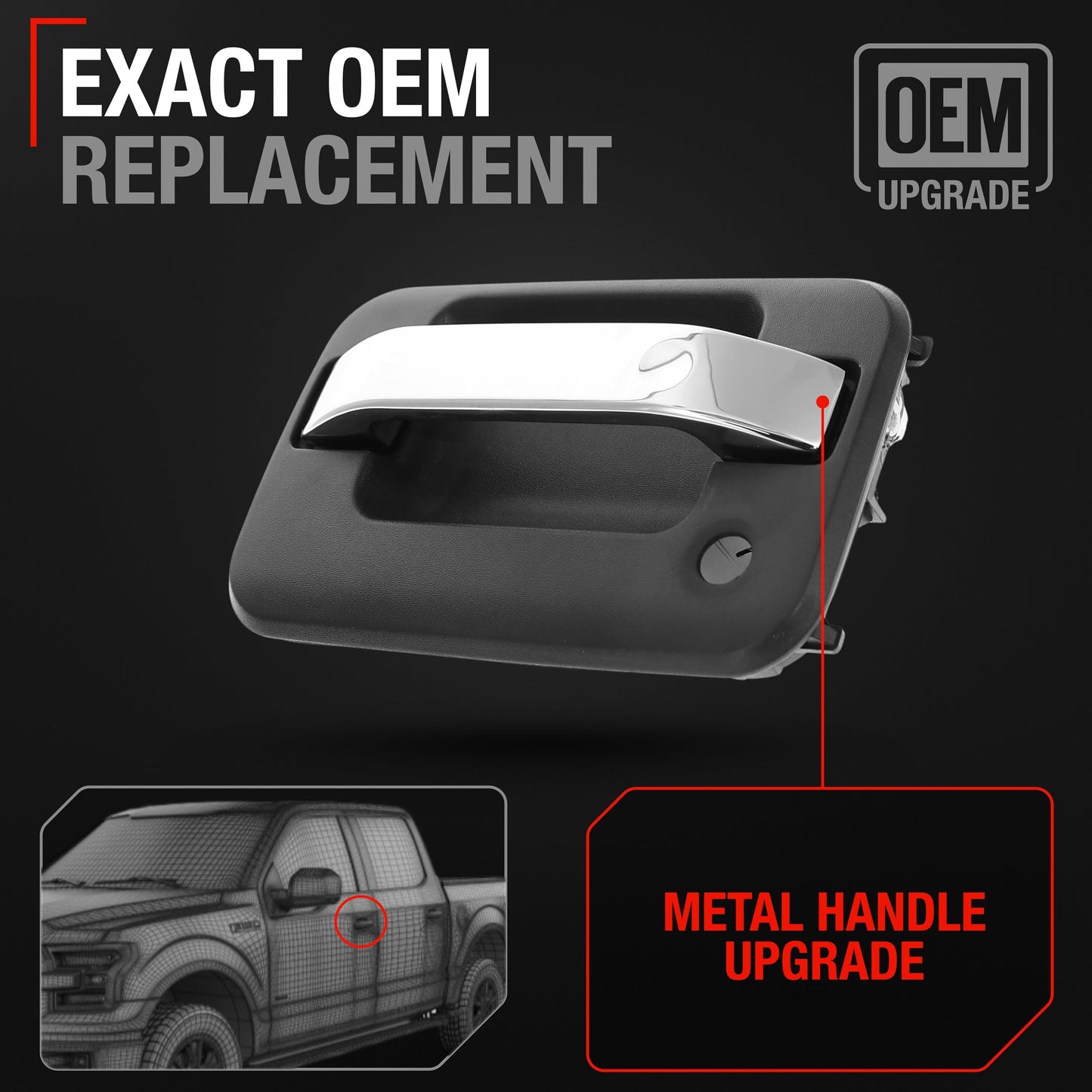 2009-2014 Ford F-150 Lobo Lincoln Mark LT Exterior Front Driver Door Handle, Upgraded Metal - Chrome and Black with Keyhole - Front Driver Side Handle