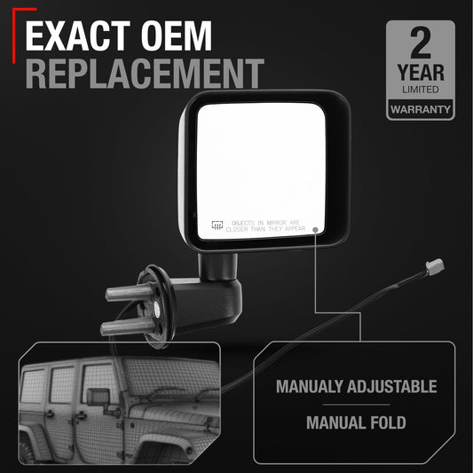 Passenger Side Mirror Replacement - Compatible with 2007-2013 Jeep Wrangler - Heated, Powered Adjustment, Manual Folding, Convex Glass - Textured Black, 6H5P - OEM 5182174AA, 5182174AB, CH1321319 - Passenger Side Mirror