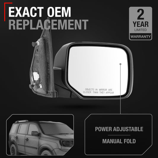 Passenger Side Mirror Replacement - Compatible with 2009-2015 Honda Pilot - Powered Adjustment, Heated, Manual Fold, Convex Glass - Smooth Black, 16H5P - OEM 76208SZAA11ZF, HO1321248 - Passenger Side Mirror