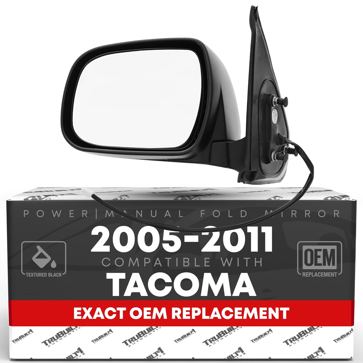 2005-2011 Toyota Tacoma Driver Side Mirror Replacement - Powered Adjustment Manual Folding Flat Glass Textured Black - Driver Side Mirror