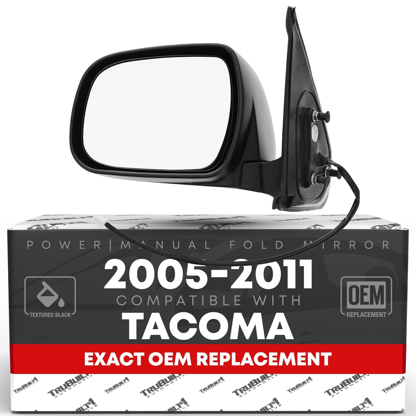2005-2011 Toyota Tacoma Driver Side Mirror Replacement - Powered Adjustment Manual Folding Flat Glass Textured Black - Driver Side Mirror