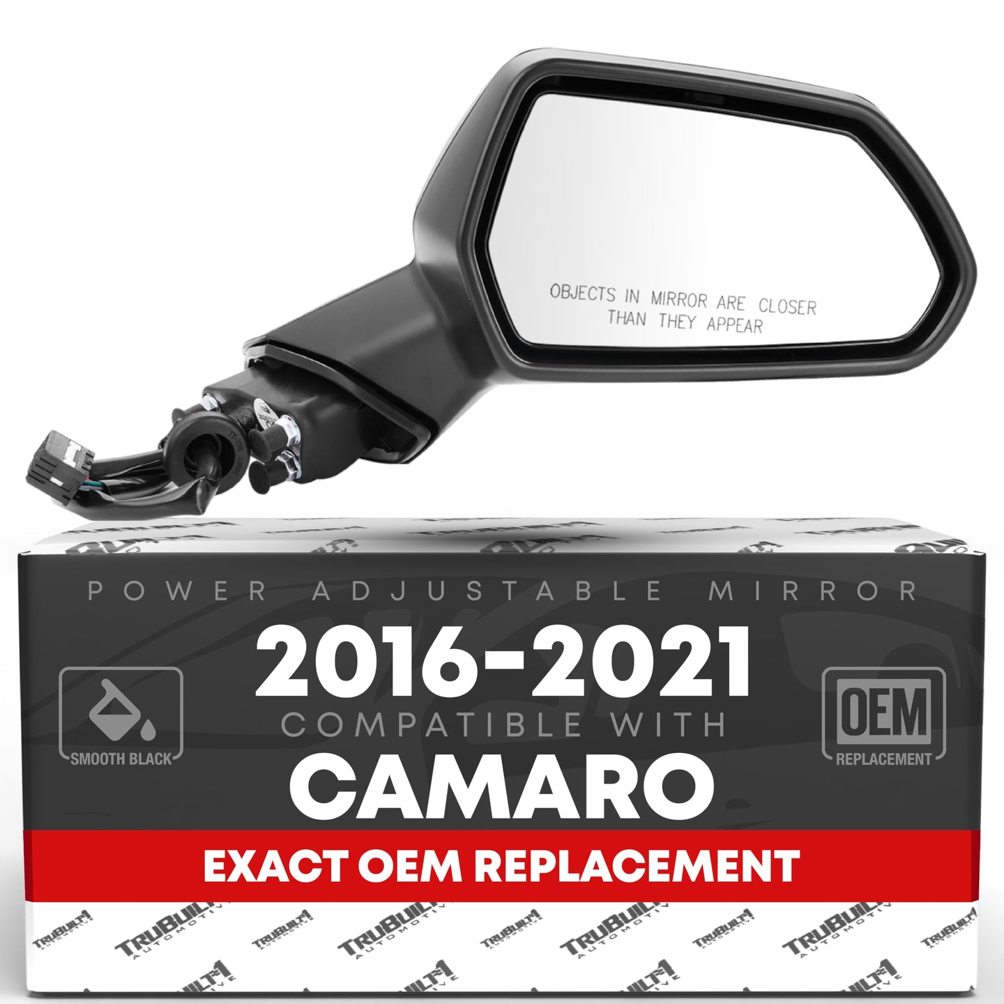 2016-2021 Chevrolet Camaro Passenger Side Mirror Replacement Powered Adjustment Non-Foldable Convex Glass Smooth Black - Passenger Side Mirror