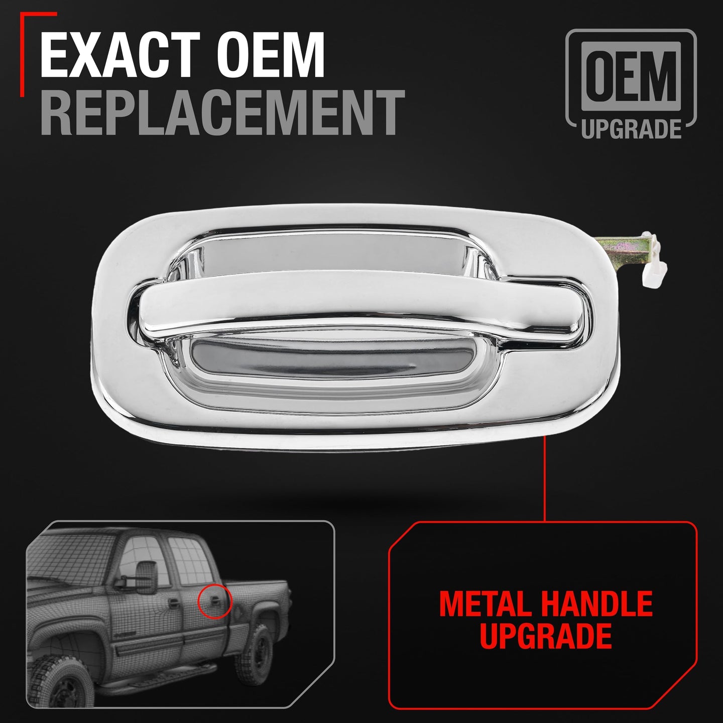 Exterior Rear Driver Door Handle, Upgraded Metal - Compatible with 1999-2006 Chevrolet Silverado, Suburban, Tahoe, Avalanche; 99-06 GMC Sierra, Yukon - All Chrome - OEM 15721571, 91132 - Rear Driver Side Handle