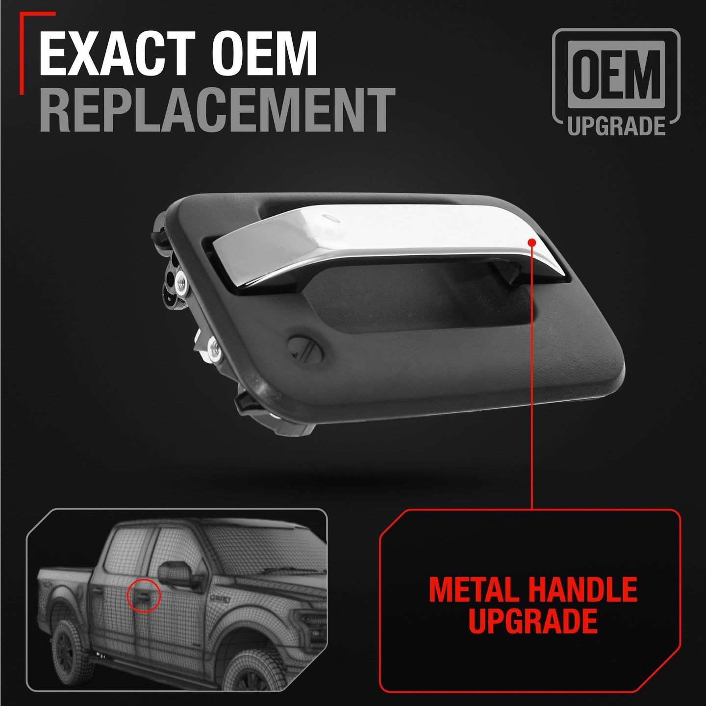 2004-2014 Ford F-150 Lobo Lincoln Mark LT Exterior Front Passenger Door Handle, Upgraded Metal - Chrome and Black with Keyhole - Front Passenger Handle