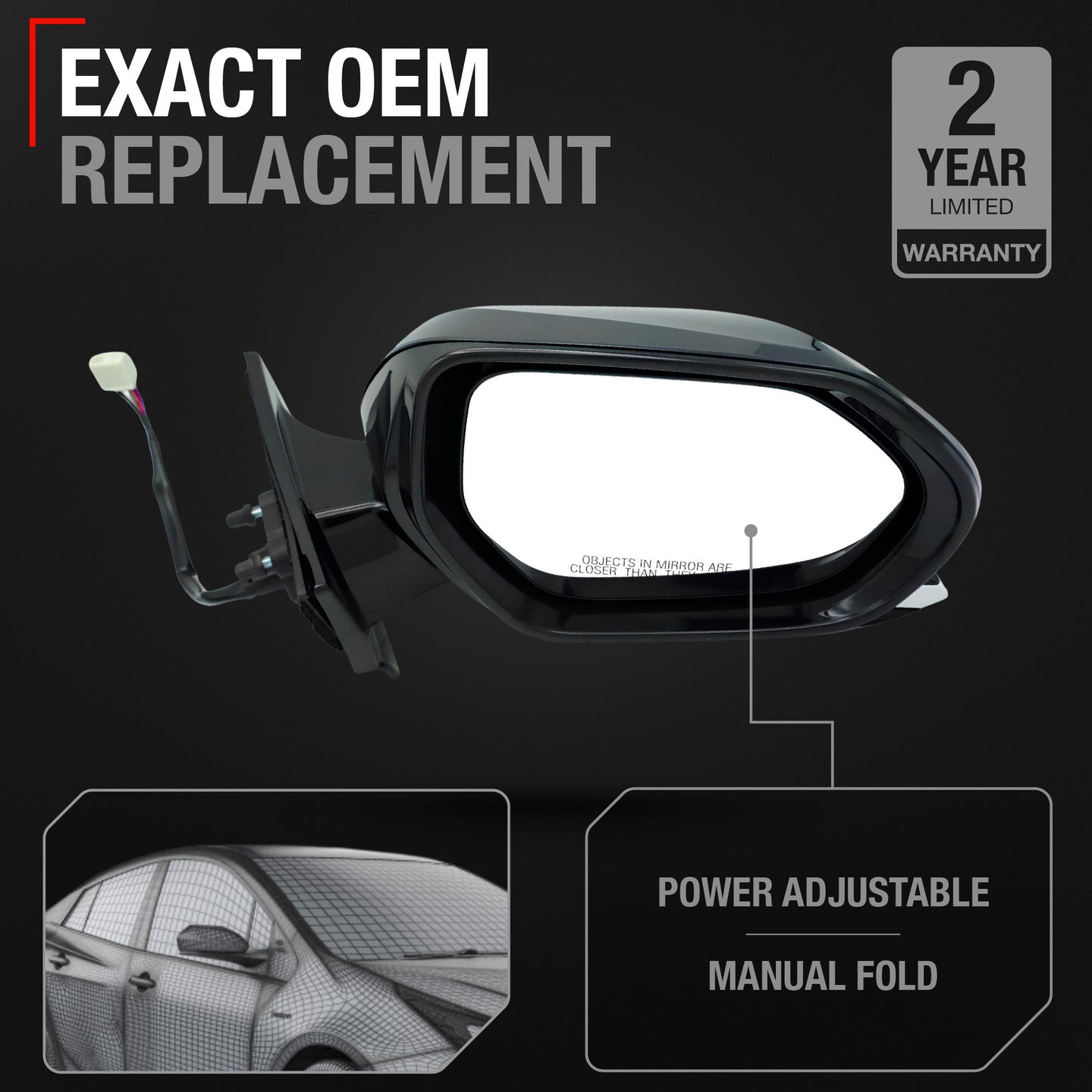 Passenger Side Heated Power Side View Mirror - Compatible with 2016-2021 Toyota Prius - Power Heated, Manual Folding - Paintable Textured Black Housing - OEM 8791047530-PFM - Passenger Side Mirror
