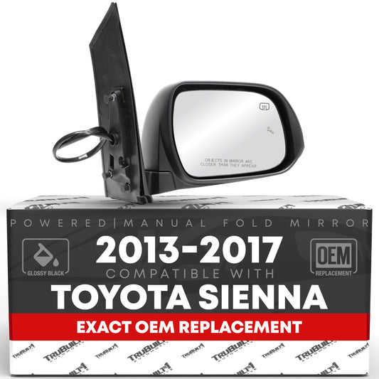 Toyota Sienna Passenger Mirror - Heated with Blind Spot, Manual Fold, Convex Glass, Smooth Black Finish - Passenger Side Mirror