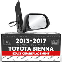 2013-2017 Toyota Sienna Passenger Side Mirror Replacement - Powered Adjustment, Heated, Blind Spot, Manual Fold, Convex Glass - Smooth Black - Passenger Side Mirror