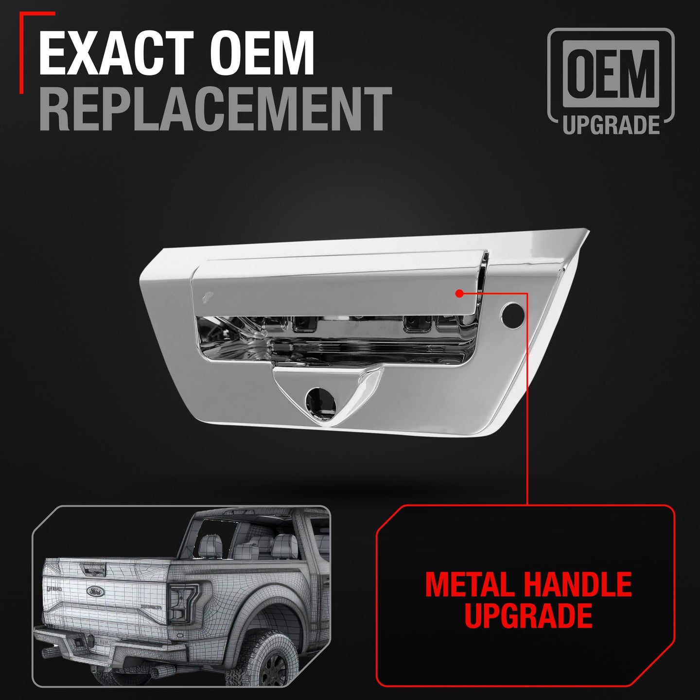 2018-2024 Ford F-150 Tailgate Handle Latch Replacement, Upgraded Metal - All Chrome with Keyhole and Camera Hole - Chrome Tailgate Handle