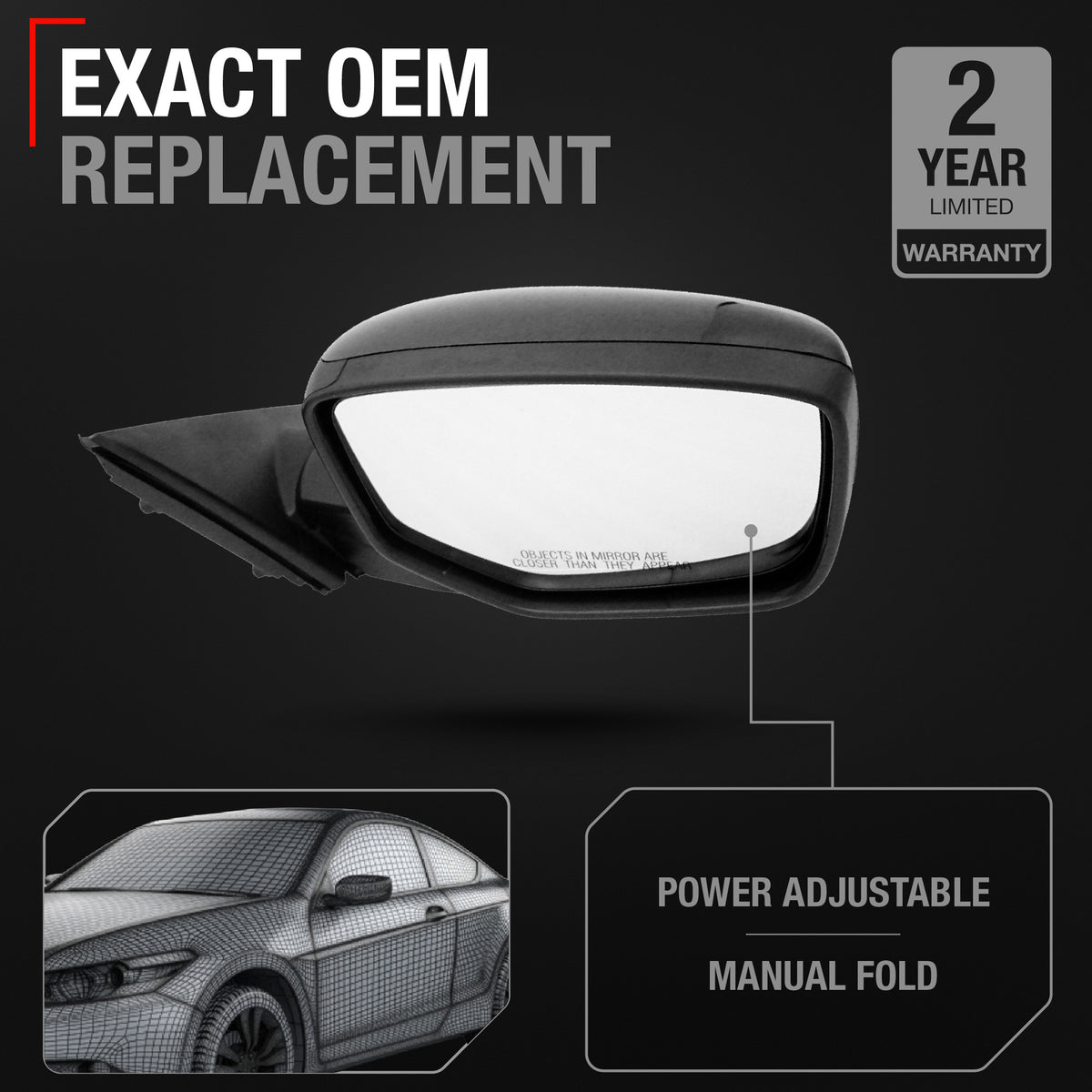 Passenger Side Power Adjustable Side View Mirror - Compatible with 2008-2012 Honda Accord - Power Adjust, Non-Heated, Manual Folding - Paintable Textured Black Housing - OEM 76208TA5A01 - Passenger Side Mirror
