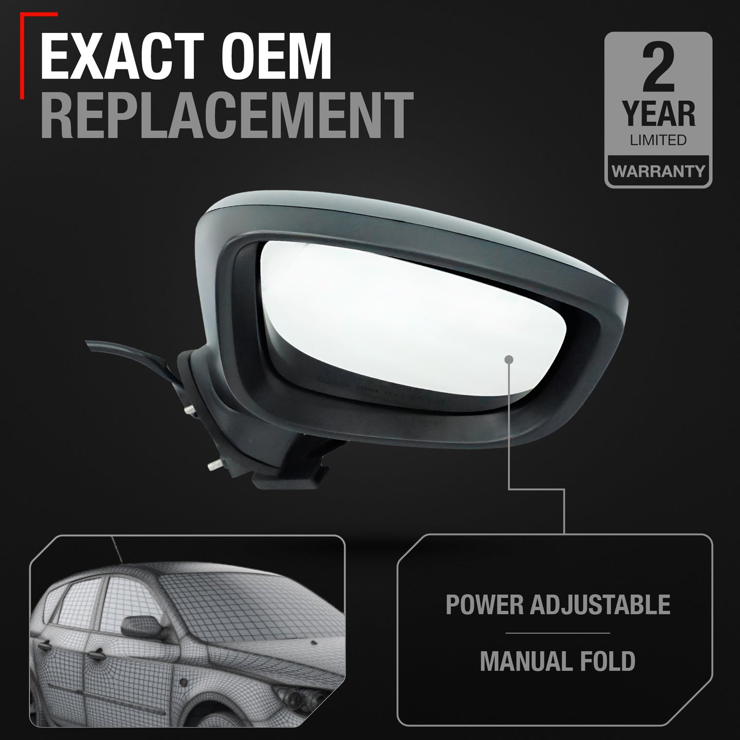 Passenger Side Power Adjustable Side View Mirror - Compatible with 2014-2016 Mazda Mazda3 - Power Adjust, Non-Heated, Manual Folding - Paintable Smooth Housing - OEM BHN969121E-PFM