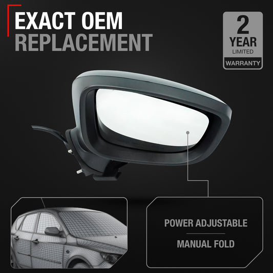 Passenger Side Power Adjustable Side View Mirror - Compatible with 2014-2016 Mazda Mazda3 - Power Adjust, Non-Heated, Manual Folding - Paintable Smooth Housing - OEM BHN969121E-PFM