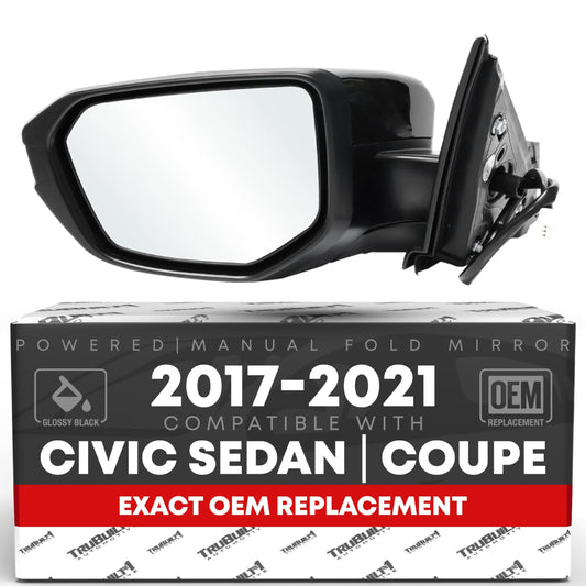 Honda Civic Mirror for Sedan & Coupe, Driver Side - Power Adjust, Flat Glass, Smooth Black Finish - Driver Side Mirror