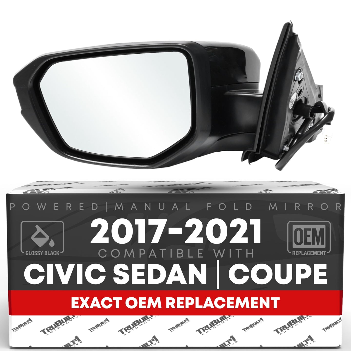 2017-2021 Honda Civic Sedan Coupe Driver Side Mirror Replacement Powered Manual Fold Flat Glass Smooth Black - Driver Side Mirror