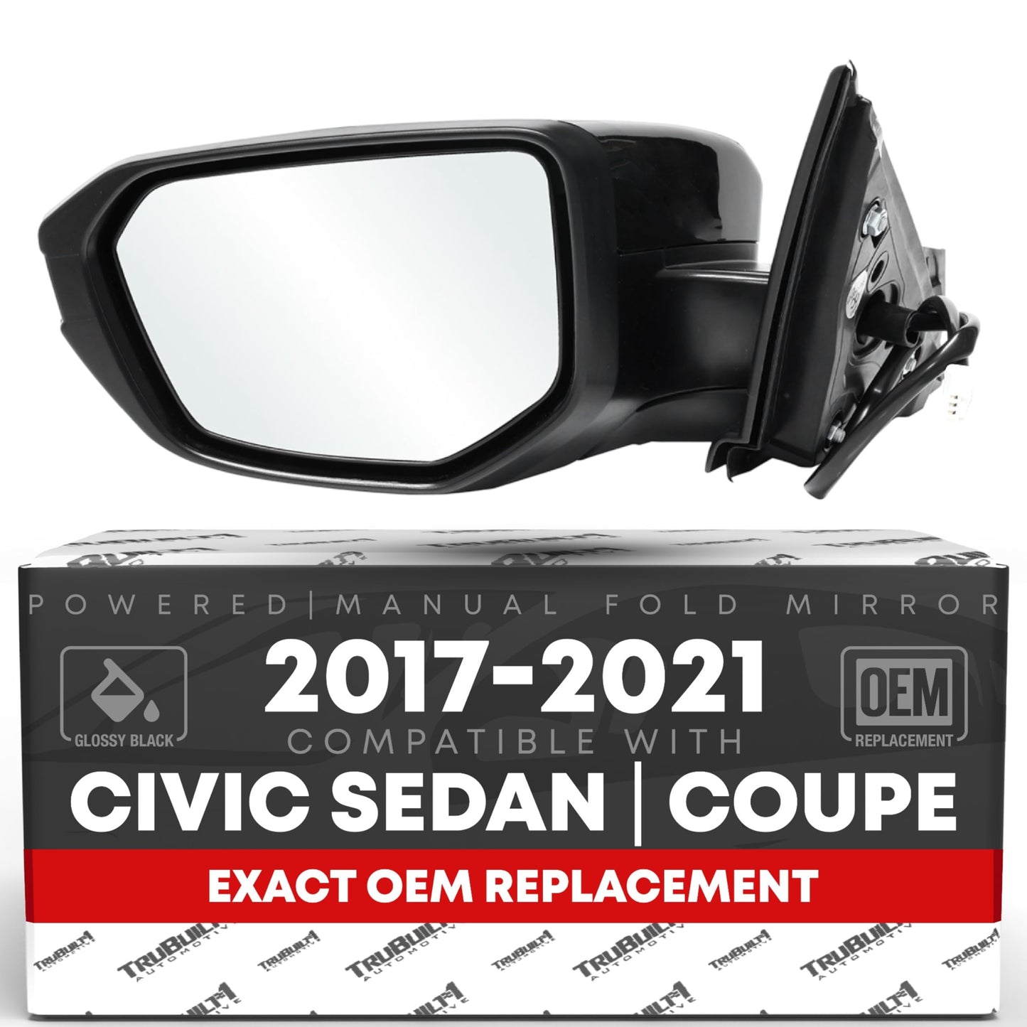 2017-2021 Honda Civic Sedan Coupe Driver Side Mirror Replacement Powered Manual Fold Flat Glass Smooth Black - Driver Side Mirror