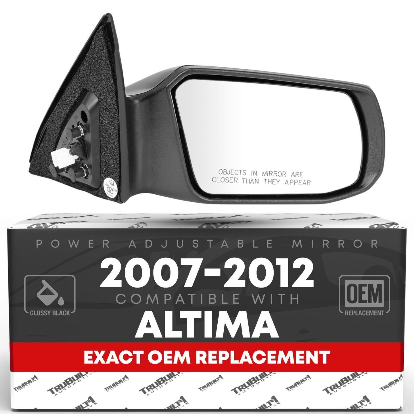 2007-2012 Nissan Altima Sedan Passenger Side Mirror Replacement Powered Adjustment Non-Foldable Convex Glass Smooth Black - Passenger Side Mirror