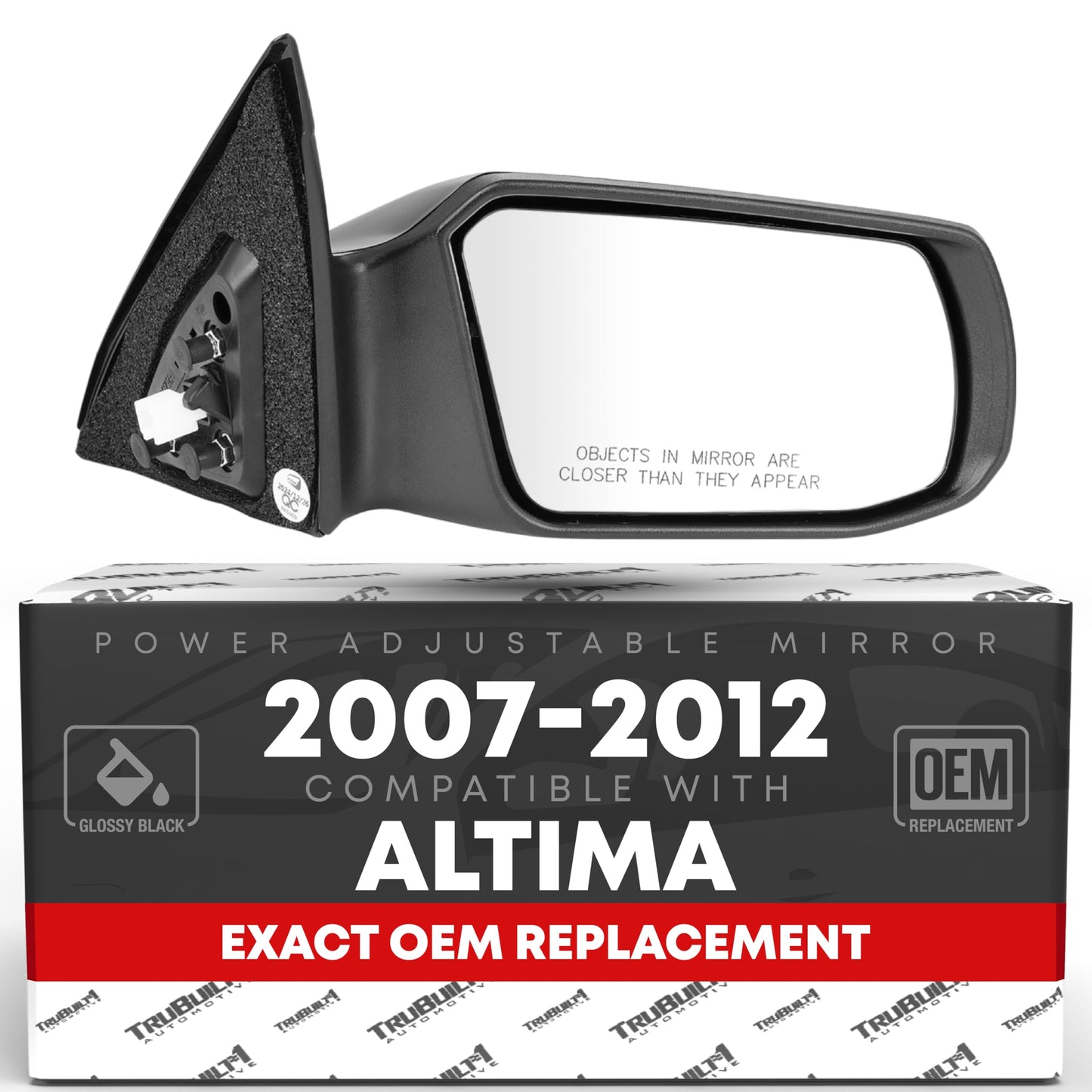 2007-2012 Nissan Altima Sedan Passenger Side Mirror Replacement Powered Adjustment Non-Foldable Convex Glass Smooth Black - Passenger Side Mirror