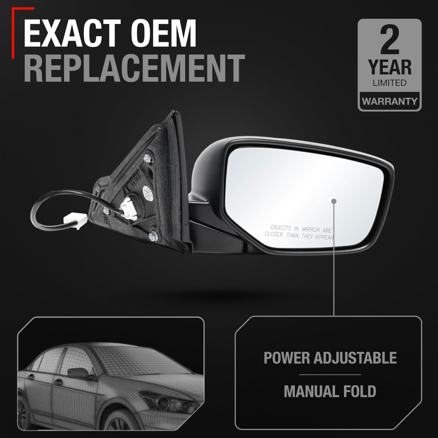 Honda Accord 4D Passenger Side Mirror - Manual Fold, Convex Glass, Smooth Black, Direct Fit Replacement - Passenger Side Mirror