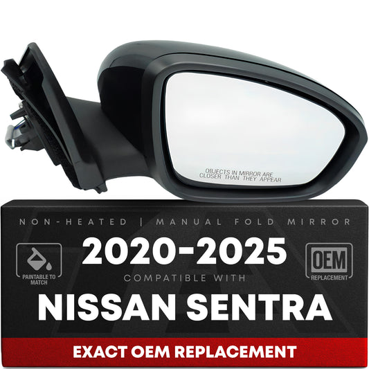 Passenger Side Power Adjustable Side View Mirror - Compatible with 2020-2025 Nissan Sentra - Power Adjust, Non-Heated, Manual Folding - Paintable Textured Black Housing - OEM Partslink NI1321326