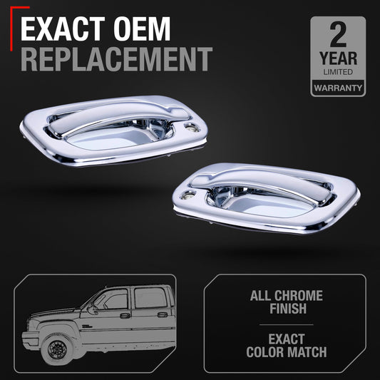 Exterior Front Driver Door Handle - Compatible with 1999-2006 Chevrolet Silverado, Suburban, Tahoe, Avalanche; 99-06 GMC Sierra, Yukon; Cadillac Escalade - All Chrome w/Keyhole - OEM 15034985, 91130 - Front Driver Side