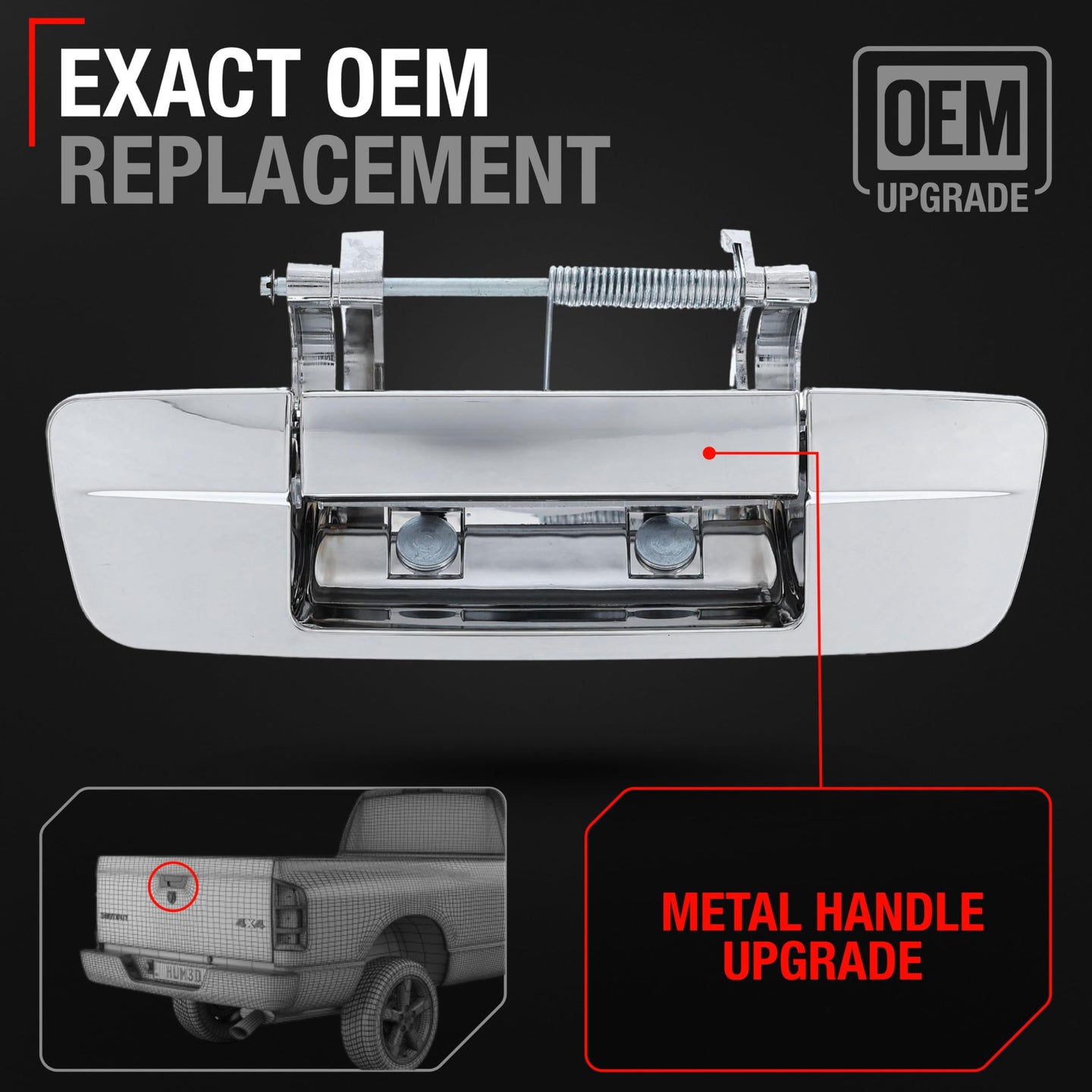 Dodge Ram Tailgate Handle - All Chrome Finish, Metal Upgrade, No Keyhole, Exterior Latch for 2009-2012 Models