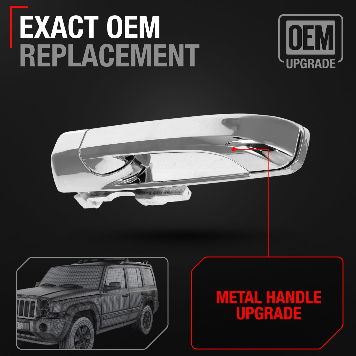 2006-2010 Jeep Commander; 2005-2010 Jeep Grand Cherokee Exterior Rear Driver Door Handle, Upgraded Metal - All Chrome - Rear Driver Side Handle