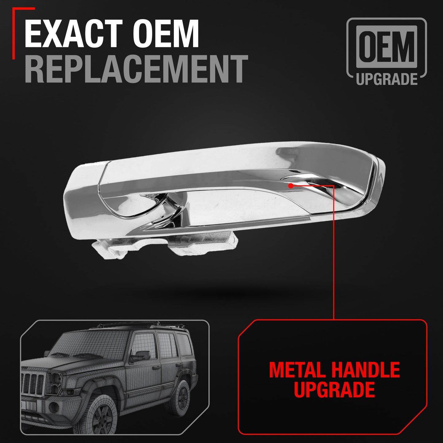 2006-2010 Jeep Commander; 2005-2010 Jeep Grand Cherokee Exterior Rear Driver Door Handle, Upgraded Metal - All Chrome - Rear Driver Side Handle