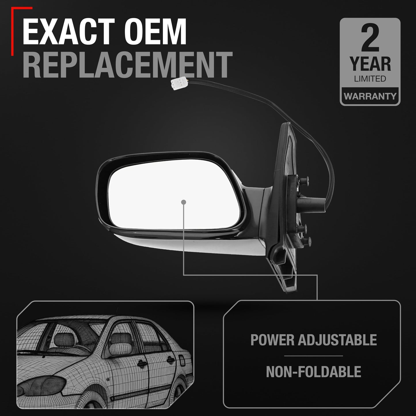 Driver Side Mirror Replacement - Compatible with 2003-2008 Toyota Corolla - Power Adjustment, Non-Foldable, Flat Glass with English Warning - Black, 3H3P - OEM 8794002380, TO1320178, TO1320179 - Driver Side Mirror