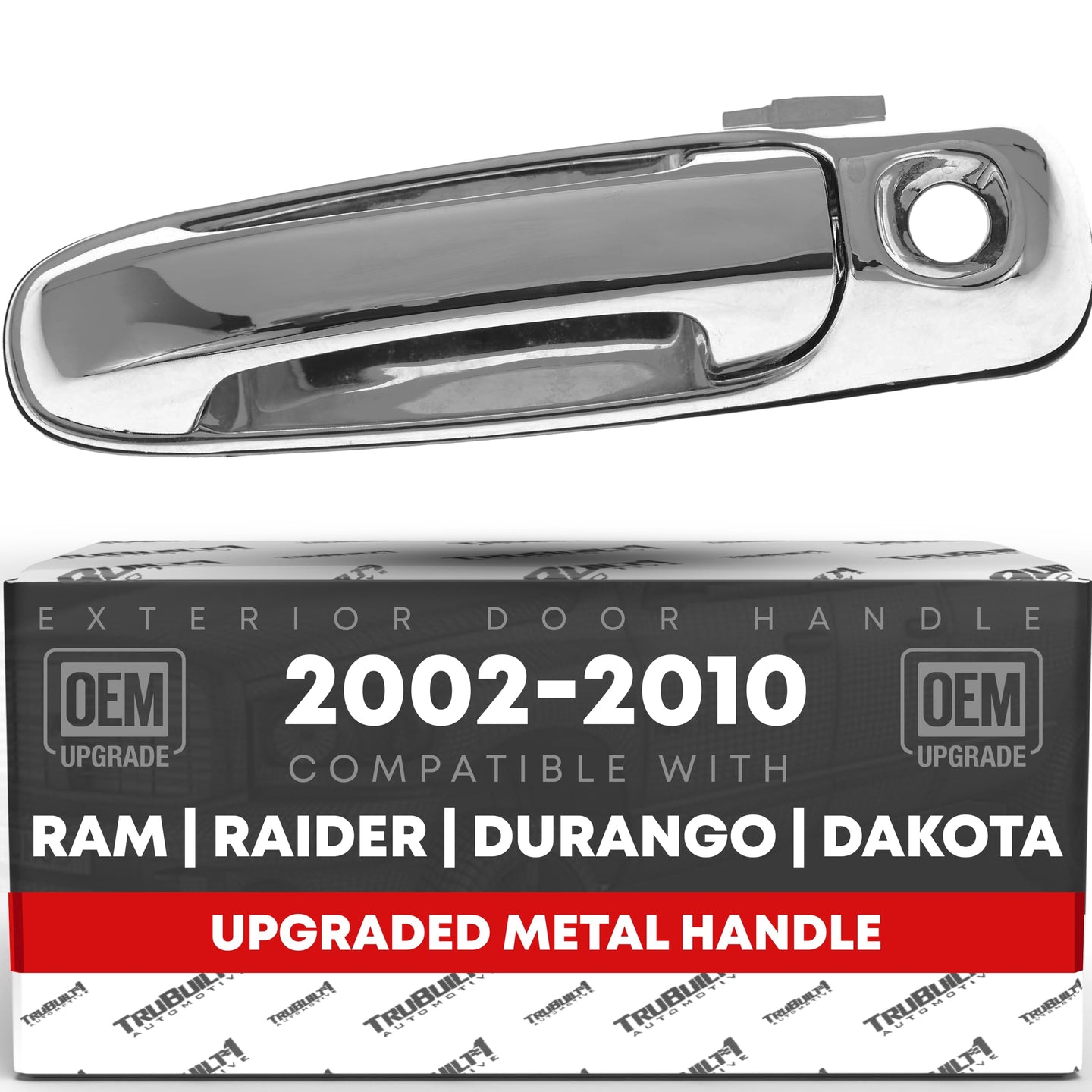 2002-2009 Dodge Ram 1500 2500 3500 4500 5500; 2005-2010 Dodge Dakota; 2004-2009 Dodge Durango Exterior Front Driver Door Handle, Upgraded Metal - All Chrome w/ Keyhole - Front Driver Side Handle