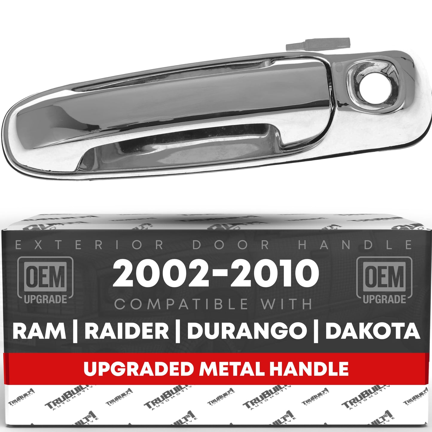 2002-2009 Dodge Ram 1500 2500 3500 4500 5500; 2005-2010 Dodge Dakota; 2004-2009 Dodge Durango Exterior Front Driver Door Handle, Upgraded Metal - All Chrome w/ Keyhole - Front Driver Side Handle