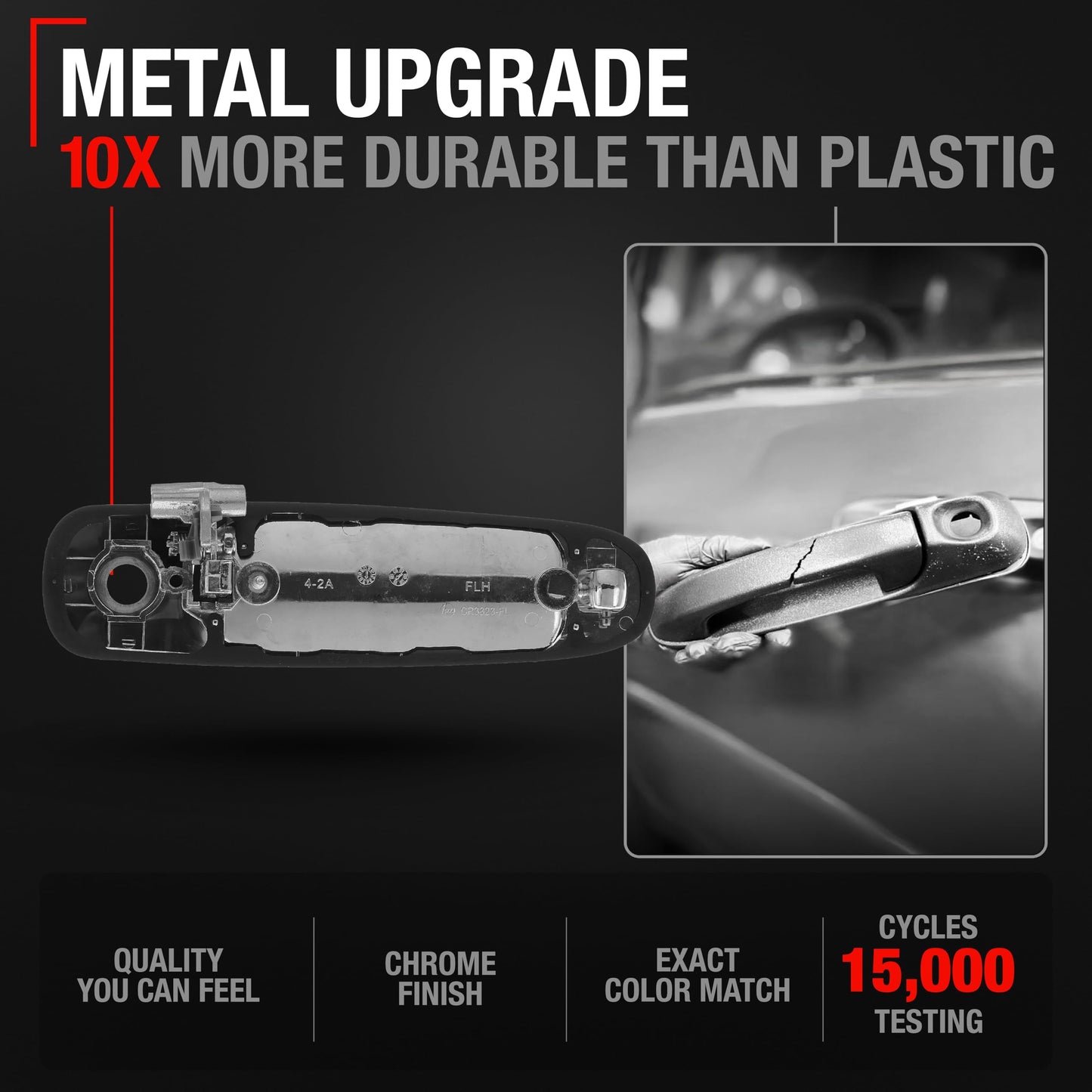 2002-2009 Dodge Ram 1500 2500 3500 4500 5500; 2005-2010 Dodge Dakota; 2004-2009 Dodge Durango Exterior Front Driver Door Handle, Upgraded Metal - All Chrome w/ Keyhole - Front Driver Side Handle