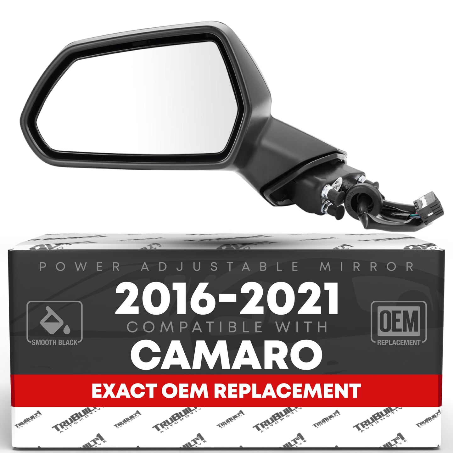 2016-2021 Chevrolet Camaro Driver Side Mirror Replacement Powered Adjustment Non-Foldable Flat Glass Smooth Black - Driver Side Mirror