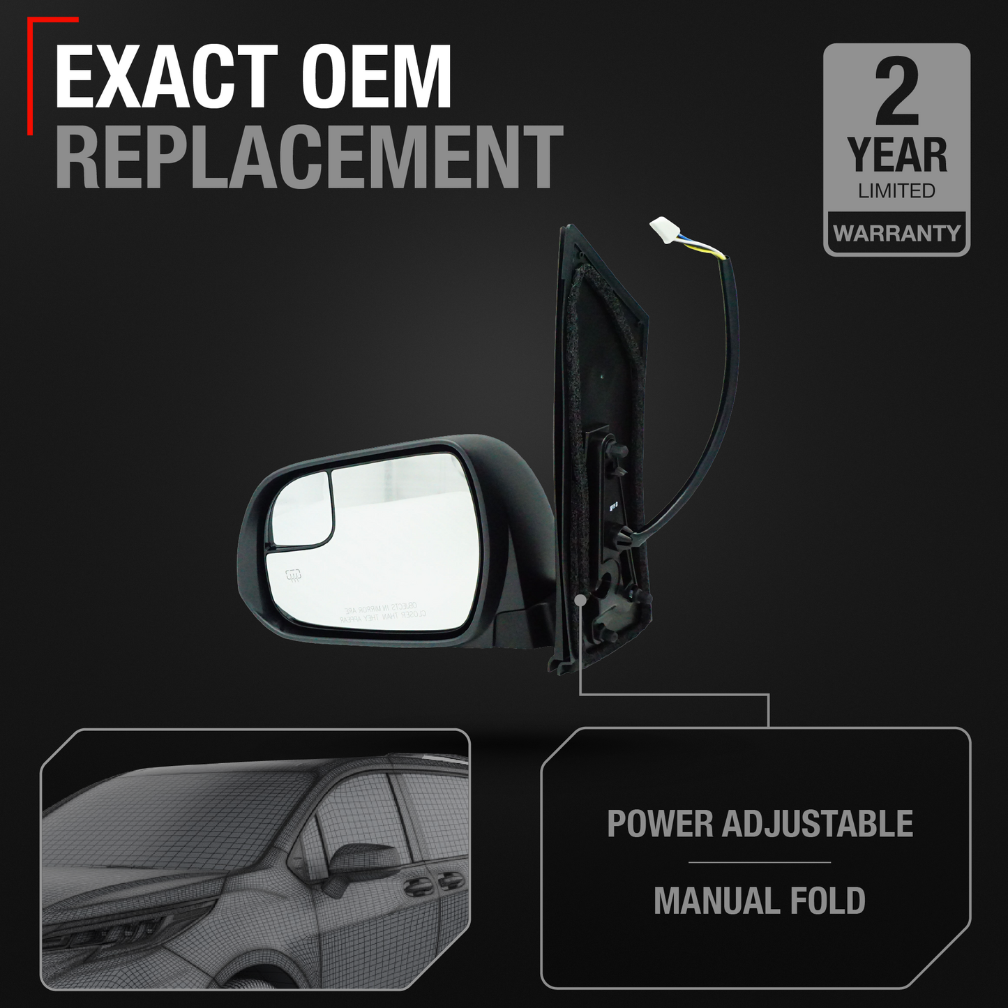 2015-2020 Toyota Sienna Driver Side Mirror Manual Heated Manual Fold Blind Spot Paintable Textured - Driver Side Mirror