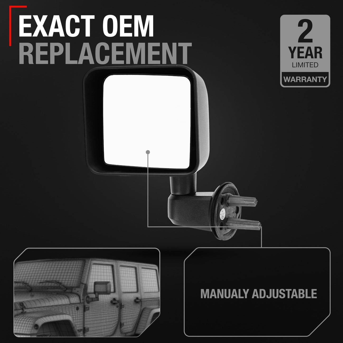 2007-2013 Jeep Wrangler Driver Side Mirror Replacement - Manual Folding Flat Glass Textured Black Cover - Driver Side Mirror